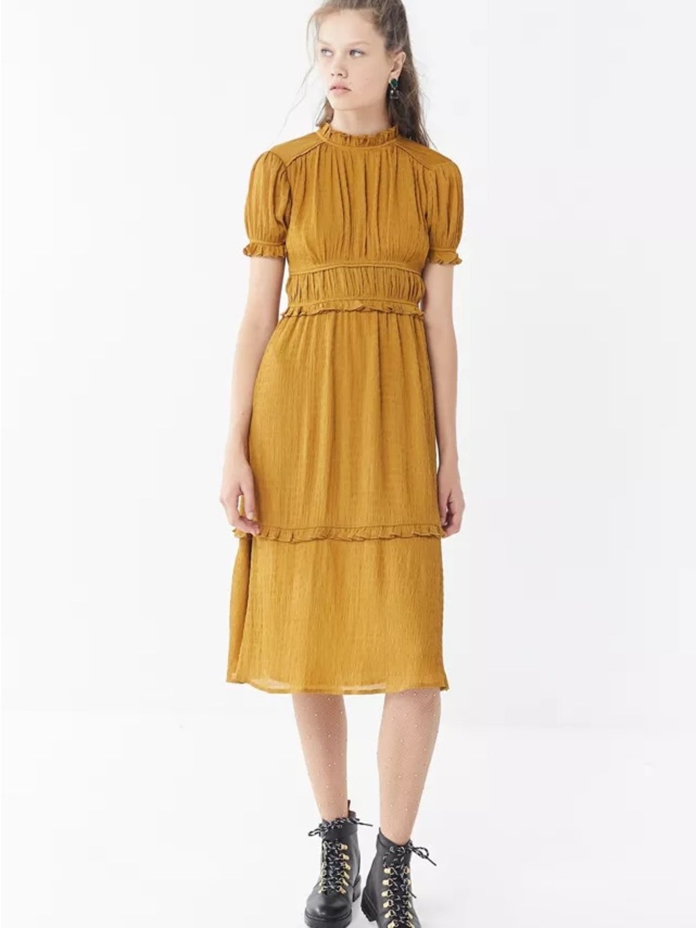 UO Moon River Ruffle Mock Neck Midi Dress